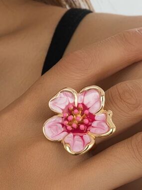 Gold-Tone Pink Enamel Flower Ring - Women Jewelry Adjustable